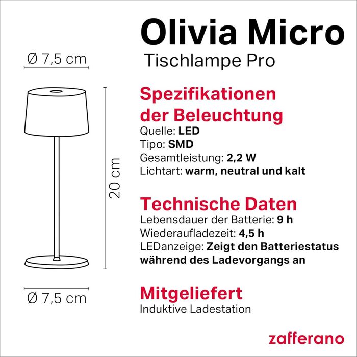 Zafferano Olivia Micro - Бездротова LED-лампа для дому та саду, сенсорне керування, регулювання яскравості, 2200-3000K, 20 см, пісочний колір