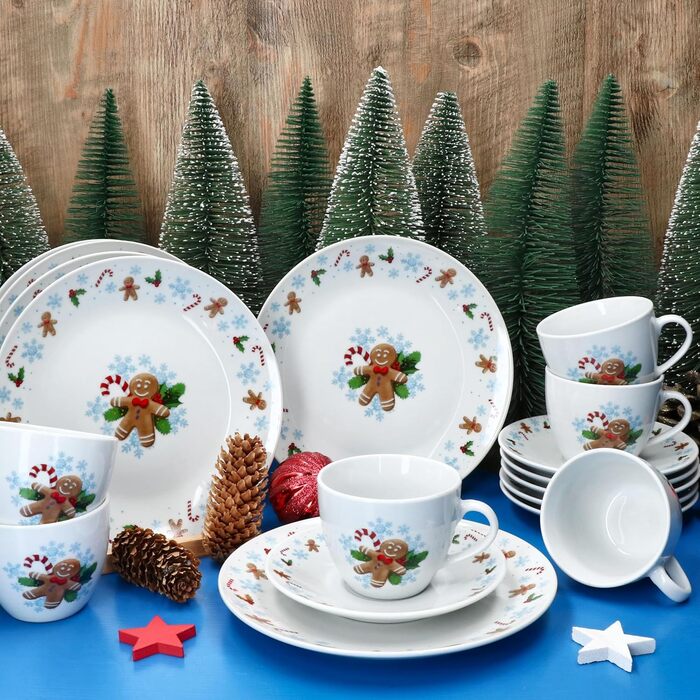 MamboCat Candyman 18-ти частинний кавовий сервіз з порцеляни для 6 осіб з новорічним дизайном (6 чашок 160 мл, 6 підставок, 6 тарілок)