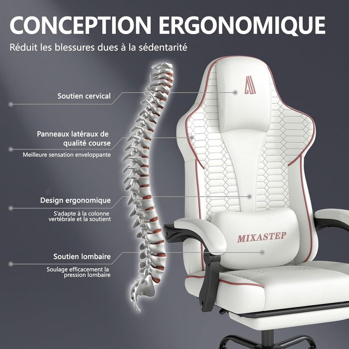 Ергономічне геймерське крісло з підніжкою, підголівником та підтримкою попереку. Регульоване геймерське крісло для дому та офісу, біло-червоне.