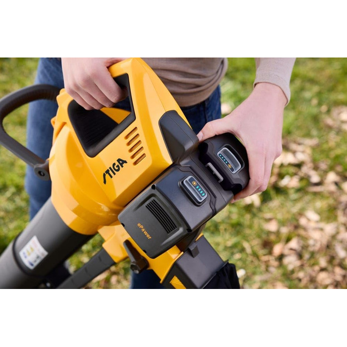 STIGA VS 100e: Акумуляторний пилосос-подрібнювач-дугун, 2 x 20V акумулятори, 45л контейнер, 3-в-1 для листя та сміття, з зарядним пристроєм