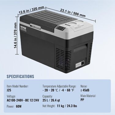 Автохолодильник VEVOR 25л портативний, 12V компресорний -20°C до +20°C для авто, кемпінгу, подорожей