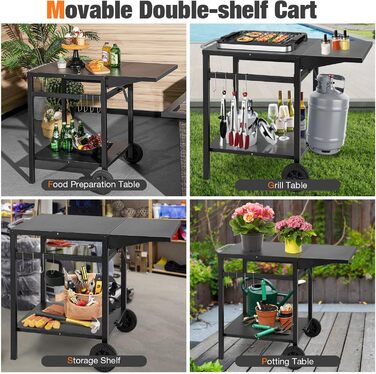 Стіл для грилю GIANTEX з відкидною робочою поверхнею, на коліщатках, з 2 полицями та 4 гачками, металевий, чорний
