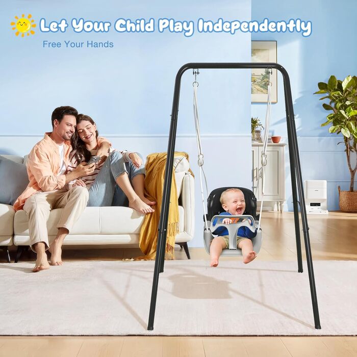 Дитяча гойдалка 2-в-1 з металевим каркасом, безпечний ремінь, для гри в приміщенні та на вулиці (білий, чорний)