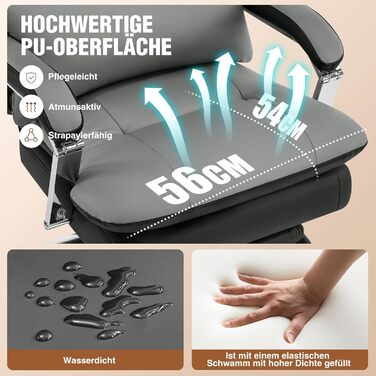 Ергономічне крісло для офісу, шкіра PU, крісло для керівника, 200 кг, з підніжкою та підтримкою попереку, для дому/офісу, регульоване, висока спинка, чорне, 1 шт.