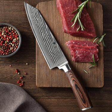 Японський ніж Wakoli EDIB Kiritsuke з дамаської сталі (серцевина VG10), 20 см – професійний ніж для кухні та приготування їжі, з ручкою з паккавуда, у подарунковій коробці з гравіюванням