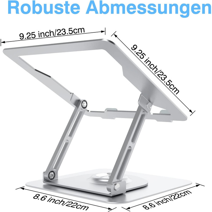 Підставка для ноутбука з регулюванням висоти та поворотним основанням, алюмінієва, для столу (срібна)