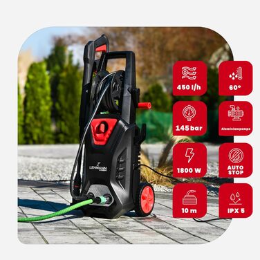 Високотискний мийник LEHMANN Hudson 1800 Вт, 145 бар, 450 л/год, з набором аксесуарів (щітка, пінозмішувач, шланг 5м)