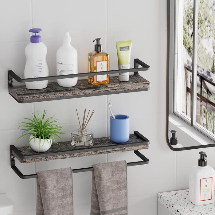 Полиця настінна дерев'яно-металева Wandregal 2 шт 42 см, плаваючі полиці для ванної, спальні, вітальні, кухні, офісу, пральні (чорний)