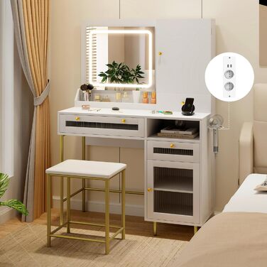 Тумбочка для макіяжу з LED-підсвічуванням COSTWAY, туалетний столик з зарядкою, дзеркало, пуф, 3 ящики, місце для фену, білий + золотий