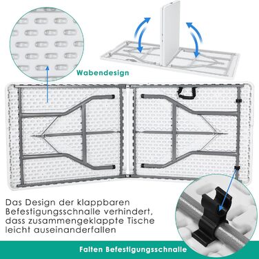 Садовий стіл складний 180x76 см, фуршетний стіл складний пластиковий, розкладний стіл з ручкою для перенесення, кемпінговий стіл на 10 осіб, стійкий до погодних умов Портативний стіл для вечірок для садової тераси, балкон, до 150 кг ротанг (білий)