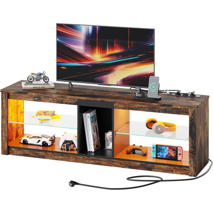 Тумба під TV Bestier, 160x35x52 см, для телевізорів до 65 дюймів, з RGB-підсвічуванням, керуванням кабелів та регульованою скляною полицею (140 см + розетка), колір - коричневий