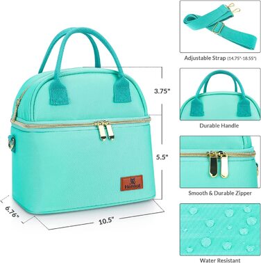 Двошарові ізольовані сумки для ланчу, сумка-холодильник об'ємом 9 л для жінок, сумка-холодильник з регульованим плечовим ременем, Термальна сумка для роботи в школі (Тіффані-синя)