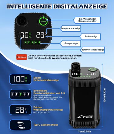 Портативна кемпінгова душова система WADEO з акумулятором, насосом та нагрівачем, 20л бак, для відпочинку, подорожей, автомиття та надзвичайних ситуацій