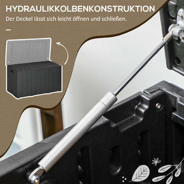 Ящик для подушок Gartenbox об'ємом 366 літрів з міцного двостінного пластику. Водостійкий, з колесами та зручними ручками для переміщення. Має реалістичне імітування текстури дерева.