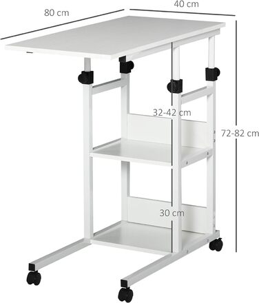 Журнальний столик HOMCOM з коліщатками, регульована по висоті тумбочка з 2 нижніми полицями, диванний стіл для їдальні вітальні, металевий, 80x40x72-82 см (білий)