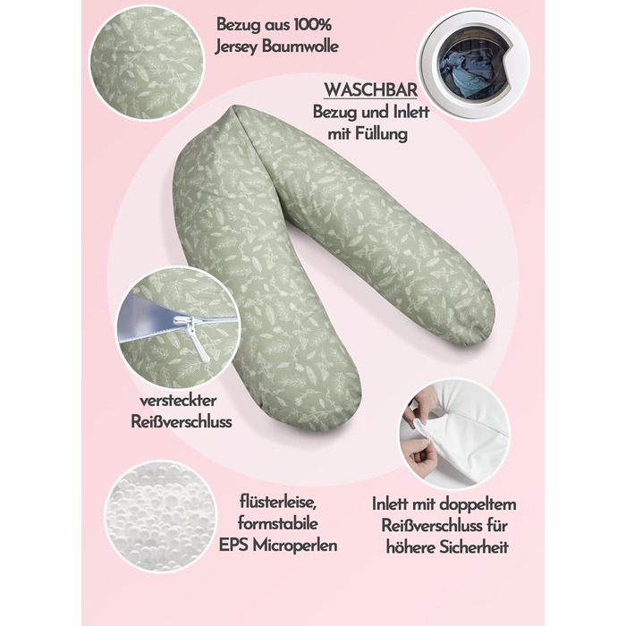 Подушка для вагітних pic Bear Classic 190 см, бавовняна подушка для сну та підтримки тіла, гіпоалергічна, колір Forest Leaves