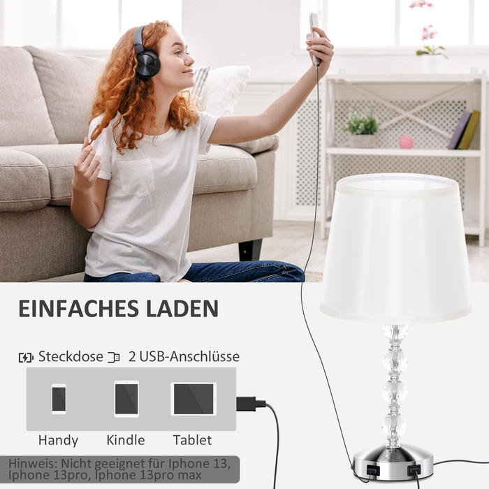 Настільна лампа HOMCOM LED з USB-зарядкою, кришталева нічна лампа, патрон E27, для вітальні, спальні, скло, срібло 23 x 23 x 45 см | Aosom