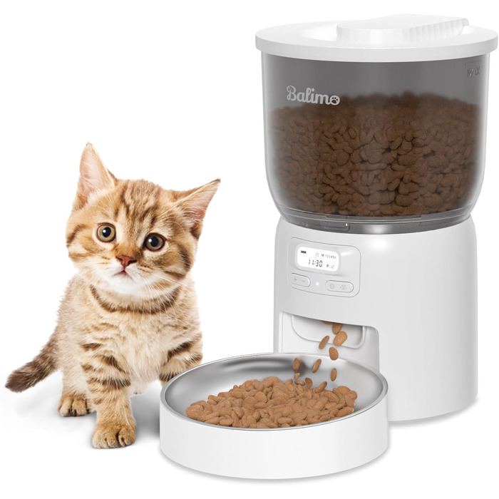 Автоматична годівниця для котів Balimo Dick 3 л, автоматичний корм для котів і собак із зерновою мискою з нержавіючої сталі та програмованим таймером, 1-6 прийомів їжі на день (білий)