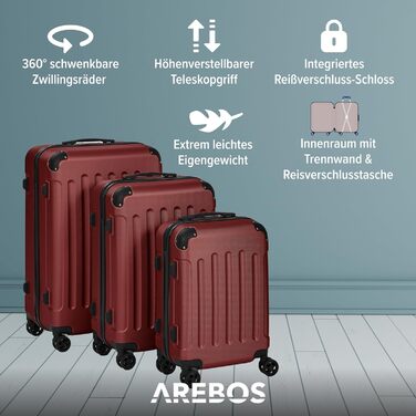 Набір валіз Arebos 3шт. з ABS-пластику | Trolley валіза | Червоний | з TSA-замком, 360° колеса | M-L-XL