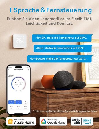 Meross Matter Термостат для радіатора Wi-Fi, сумісний з HomeKit, Alexa та Google Assistant (для опалення будинку/теплої підлоги)