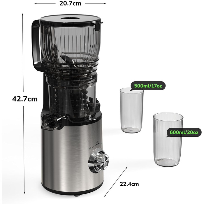 Електричний соковитискач Slow Juicer: для овочів та фруктів, 148 мм, 2 л, легкий у чищенні, з 2 чашками