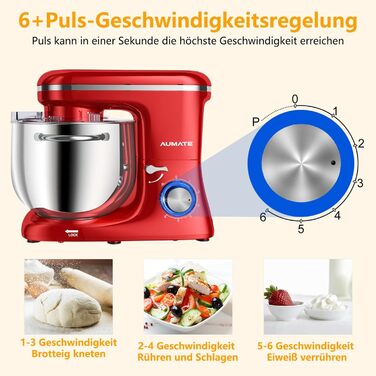 Кухонна машина AUMATE 1400W, 8 л, з міксером, гаком для тіста та вінчиком (червона)