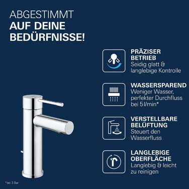 Змішувач для ванної кімнати GROHE Essence, водозберігаючий, хром, 17 см, з витяжною штангою