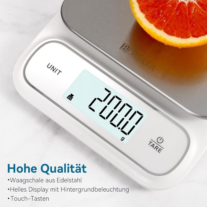 Кухонні ваги BOMATA: цифрові, вологостійкі, 5 кг, точність 0.1 г, USB-C, нержавіюча сталь