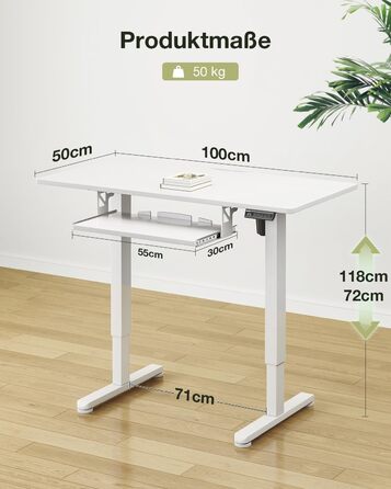 Електричний регульований стіл OffiGo 100x50 см з підставкою для клавіатури, 3 функції пам'яті, білий | Стіл для роботи та навчання