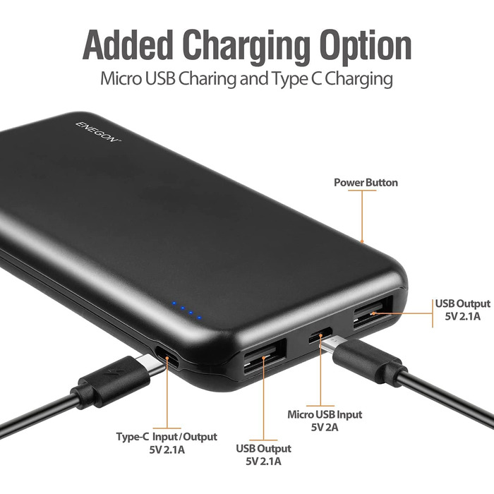 Пауербанк ENEGON на 2 пакети 10000 мАг з USB-C та 2 виходами USB для смартфонів та планшетів (синійзелений)