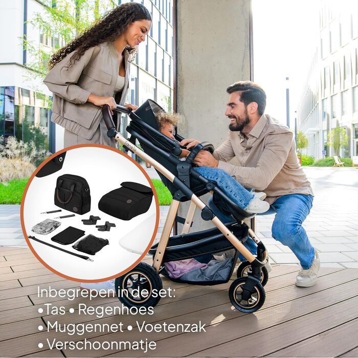 Коляска Lionelo Amber 3-в-1: люлька, автокрісло i-Size, прогулянкове сидіння, повітряні колеса, поворотне сидіння, XXL капюшон UPF 50+, сумка, москітна сітка, дощовик, чорно-срібна