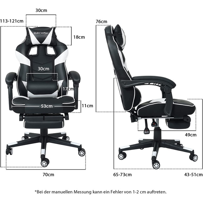 Ігрове крісло YU YUSING для ігор з підставкою для ніг, масажне крісло для гонок ергономічне, поворотне з високим ступенем регулювання, регульована на 90-150 спинка, знімний підголівник, поперекова подушка (чорний / білий)