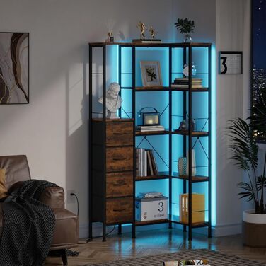 Кутовий стелаж OYRREU з 5 ярусами, LED-підсвічуванням та 4 висувними ящиками. Підходить для вітальні, спальні, офісу, кухні. Вінтажний коричневий колір.