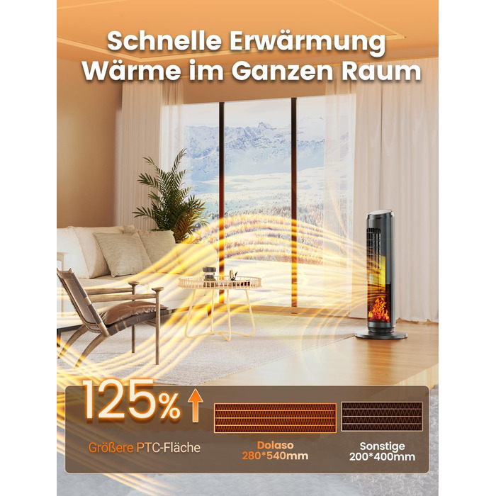 Електричний обігрівач керамічний 2000W з пультом, ефект каміну, термостат, осциляція 70°, ECO режим, 3 режими, таймер 1-8 год, захист від перегріву та перекидання, тихий для офісу та вітальні