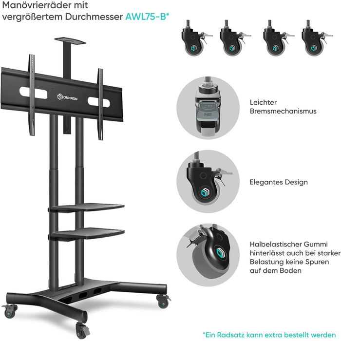 Мобільна тумба під телевізор ONKRON 50-86 дюймів, 105 кг, регульована по висоті, VESA max 800x500, Black TS1881-B