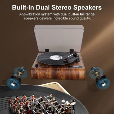 Вініловий програвач VOSTERIO Bluetooth з вбудованими HiFi стерео динаміками, підтримкою 3 швидкостей (33/45/78 об/хв), функцією оцифрування вінілових платівок у MP3, FM-радіо, USB, TF, Aux-In, RCA, LED-дисплеєм