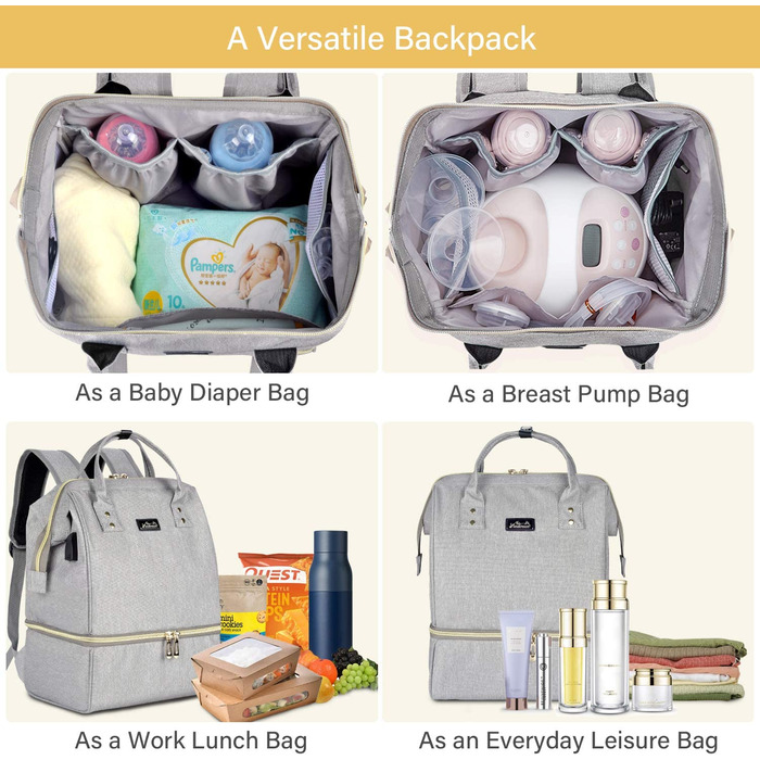 Сумка для пікніка Viedouce, ізольована сумка для ланчу, рюкзак для дитячих пелюшок, невеликий рюкзак для сповивання, рюкзак для молоковідсмоктувача, багатофункціональний дорожній рюкзак для офісу, кемпінгу, чорний (великий сірий)