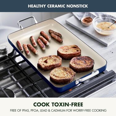 GreenPan сковорода-гриль з подвійним дном, 45.7 x 27.9 см, керамічне покриття, антипригарна, без PFAS, нержавіючі ручки, для плити, посудомийна машина, духовка та гриль, блакитний колір Oxford