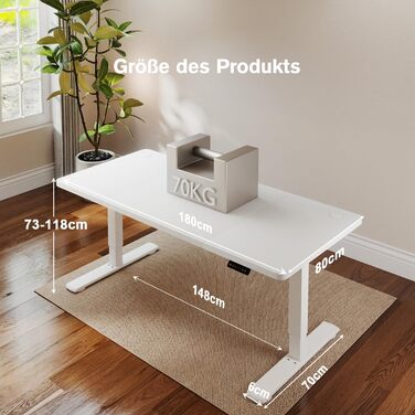 Регульований стіл Devoko з USB-роз'ємом: електричний, для роботи, стоячи/сидячи, 180x80 см, білий