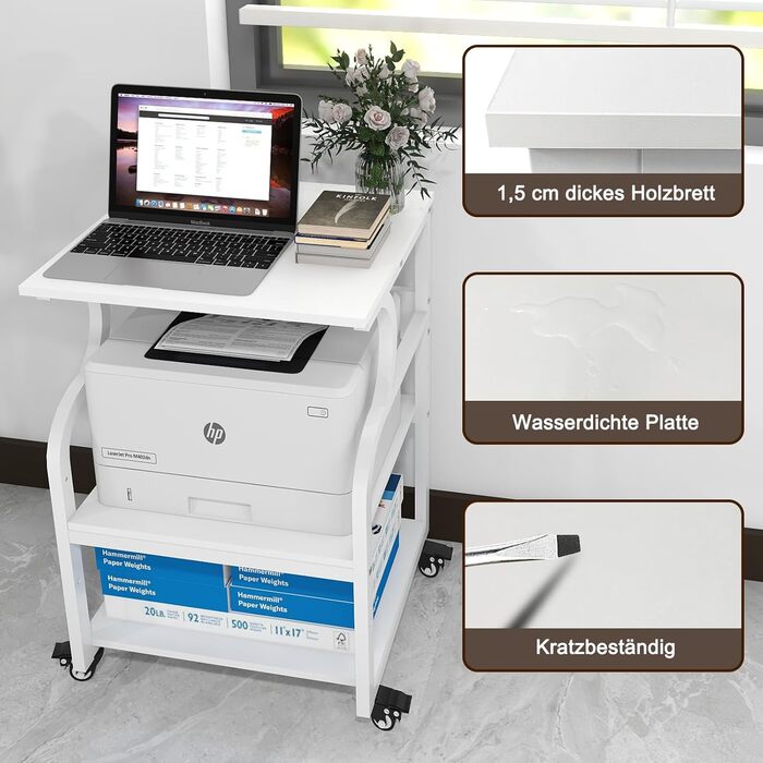 Регульований стіл для принтера PUNCIA з 3 ящиками, 60 x 50 см, на коліщатках, з дерева та металу, білий