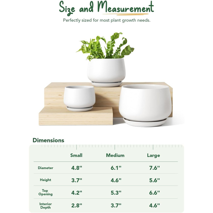 Керамічні горщики LE TAUCI з підставкою, 10+13+16 см, набір з 3 горщиків для кімнатних рослин, з дренажним отвором (білий)