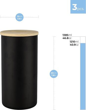 Чорні банки для зберігання з дерев'яною кришкою, 1385 мл, герметичні, матові чорні, 3