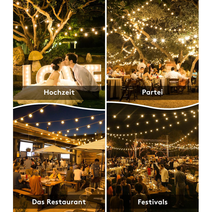 Ланцюжок прикрас LED для вулиці: 20M, 65ft, G40, для саду, балкону, павільйону, тераси, вечірки, з пульт дистанційного керування, IP44, вологостійкий, 20M