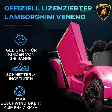 Дитячий електромобіль HOMCOM Lamborghini Veneno 12V з Bluetooth, музикою, пультом ДУ, для дітей 3-6 років, рожевий