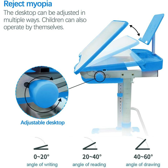Дитячий письмовий стіл і набір стільців Yinleader, регулюється за допомогою лампи захисту очей, підставка для книг, світло-блакитний