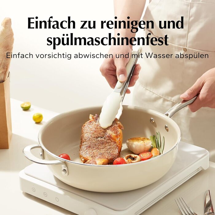 Сковорода Redchef 28 см з кришкою, антипригарне покриття, керамічна сковорода, індукційна сковорода з нержавіючою ручкою, без PTFE, PFOA, PFAS, для духовки, придатна для миття в посудомийній машині, бежева