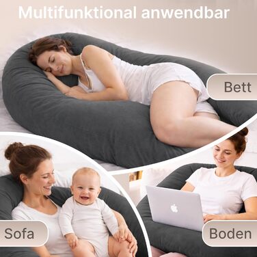 Подушка для вагітних ELONEO NEU для сну на боці, подушка для годування, XXL, антрацит. Комфортна подушка для вагітності, читання, пральна