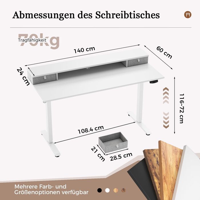 Регульований стіл Klicelor з двома шухлядами, електричний, для офісу та дому, 140 x 60 см, білий