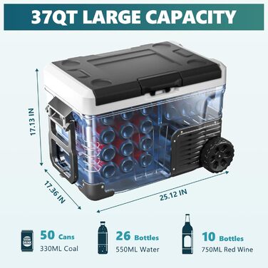Автохолодильник EUHOMY 35L з Wi-Fi та компресором: 12/24V, 220-240V, -20℃~20℃, з колесами та кошиками для подорожей та кемпінгу (Чорний)