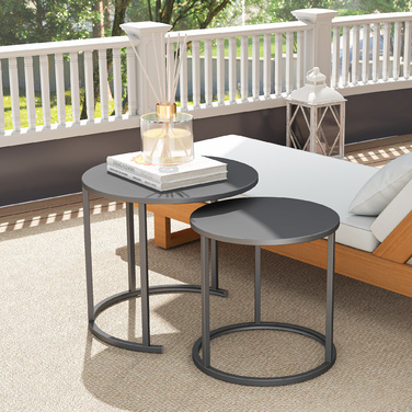 Набір з 2 столів-табуреток, розкладних, для саду/балкону, круглі, стійкі до погодних умов, зі сталі, економія місця, темно-сірий
